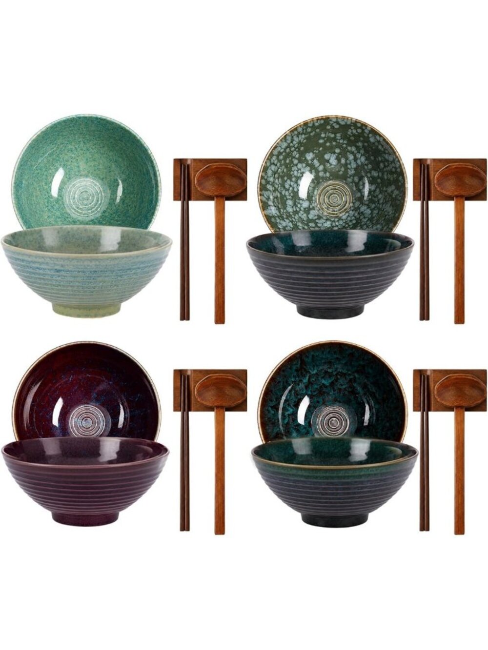 Set of 4 Peacock Green Ceramic Ramen Bowls - 40oz Japanese Style Dinnerware